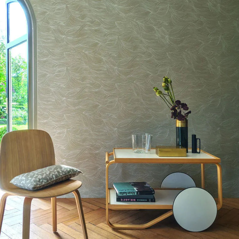 Wallpaper installed in a room showing its full pattern, color