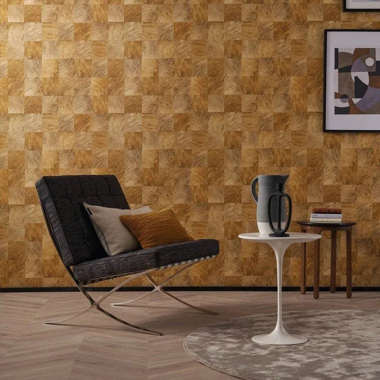 Wallpaper installed in a room showing its full pattern, color