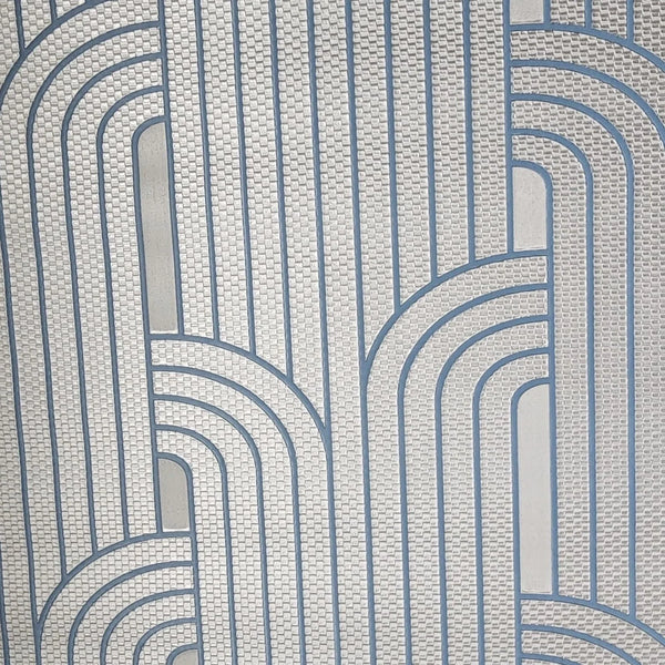 Patterned wallpaper with wavy lines in blue and gray on a textured background