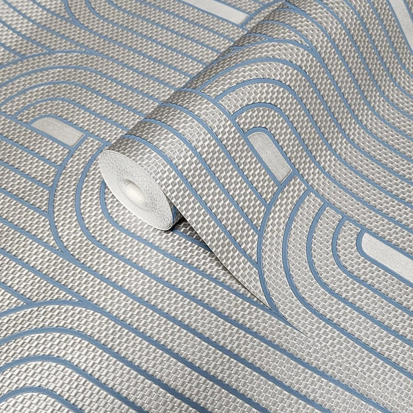 Roll of wallpaper with wavy blue lines on a gray background