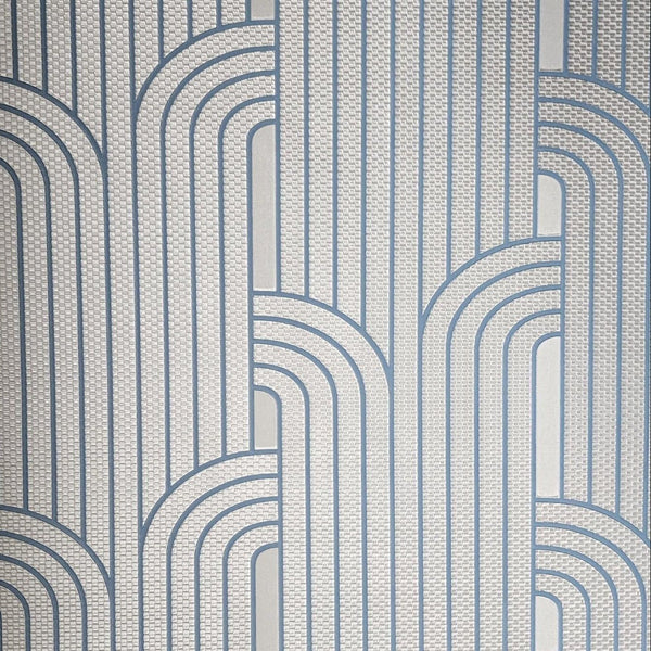 Patterned wallpaper with geometric design in blue and gray