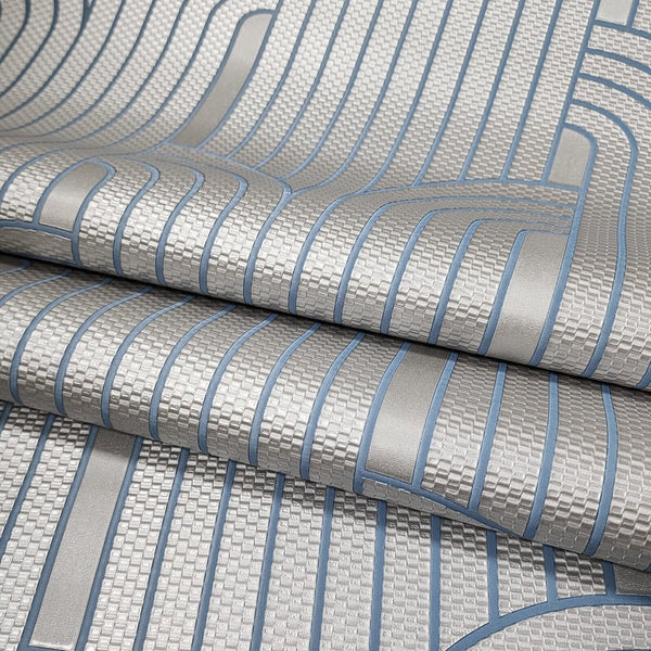 Roll of textured wallpaper with blue and gray stripes