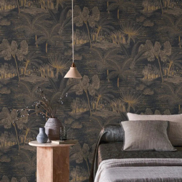 Closeup of a wallpaper showing its Art-Deco, Nature pattern, color, and subtle texture.