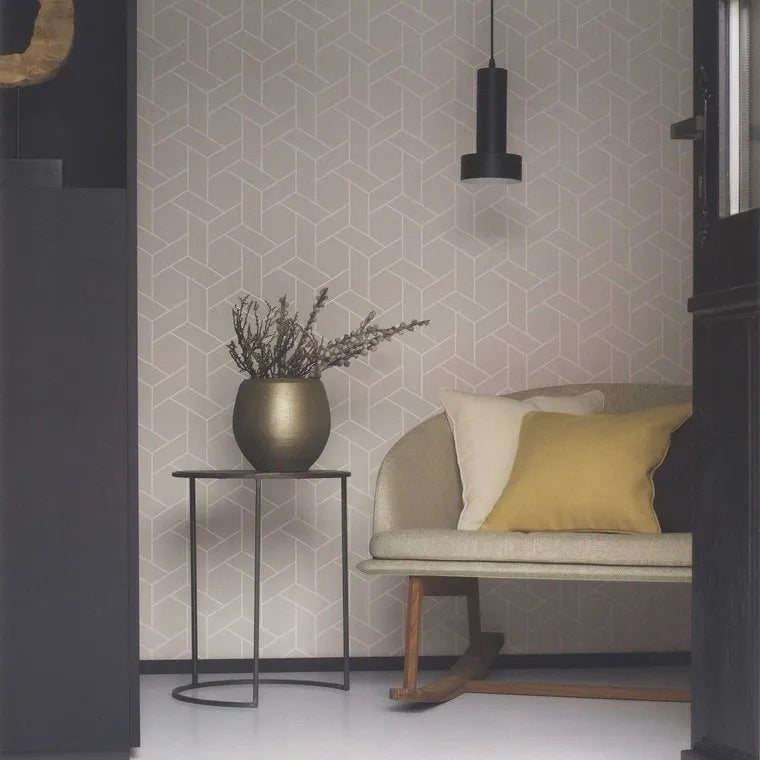 Wallpaper installed in a room showing its full pattern, color