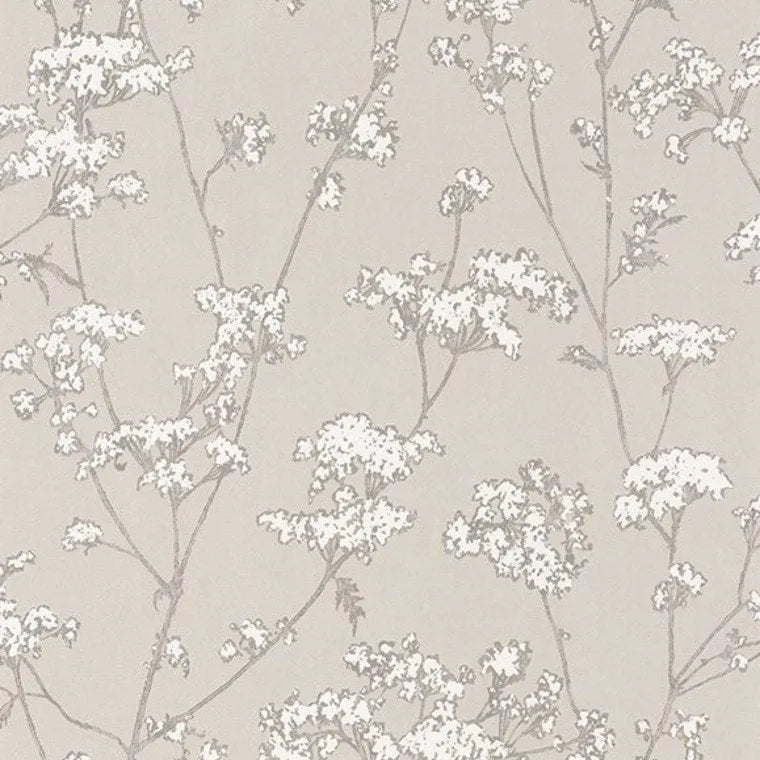 Closeup of a wallpaper showing its Floral, Nature, Neutrals, Two-tone pattern, color, and subtle texture.