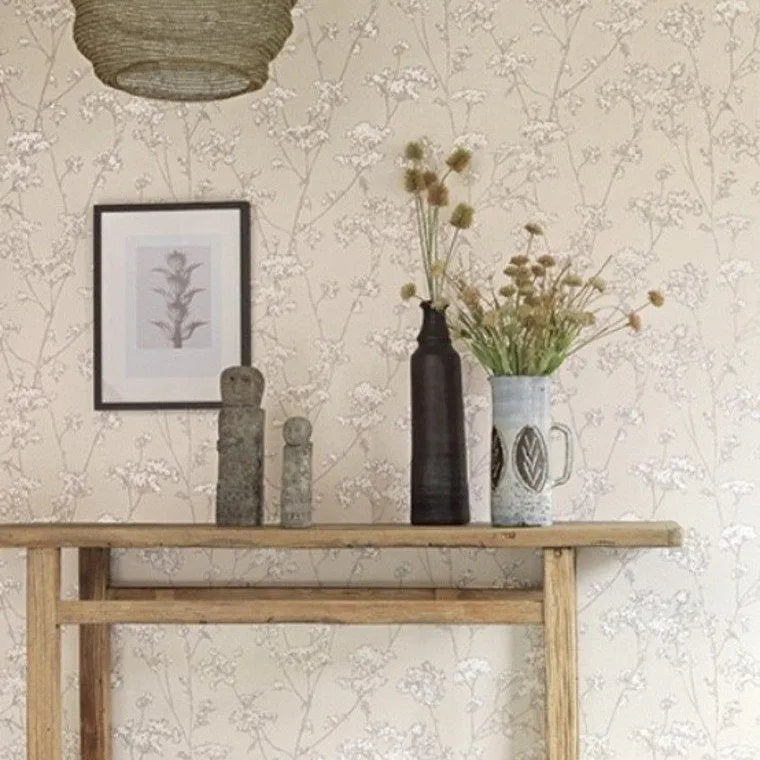 Closeup of a wallpaper showing its Floral, Nature, Neutrals, Two-tone pattern, color, and subtle texture.