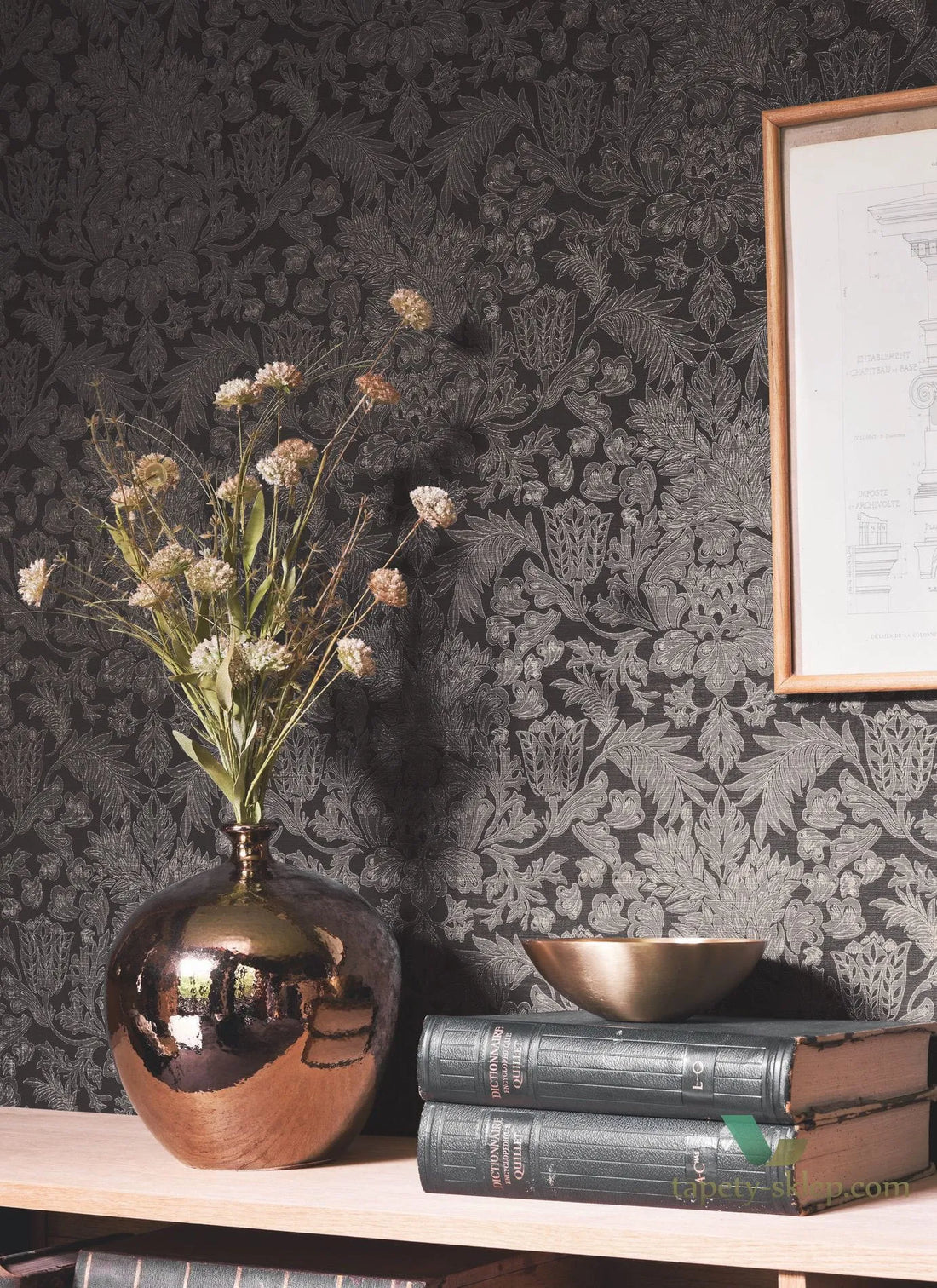 Closeup of a wallpaper showing its Floral, Monochrome, Two-tone pattern, color, and subtle texture.