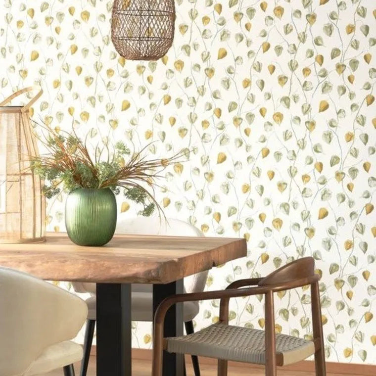 Wallpaper installed in a room showing its full pattern, color