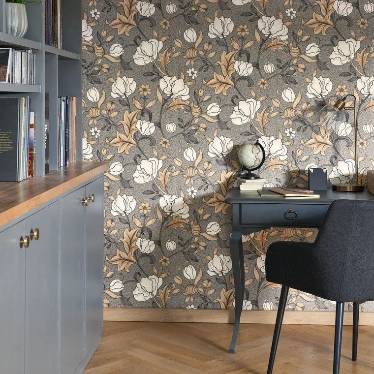 Closeup of a wallpaper showing its Contemporary, Dramatic, Floral, Nature pattern, color, and subtle texture.