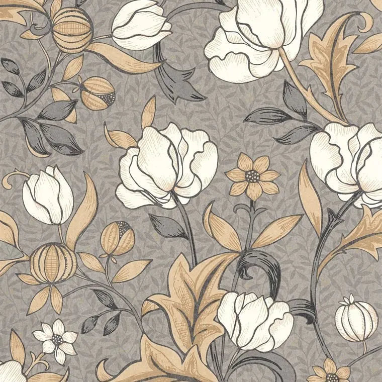 Closeup of a wallpaper showing its Contemporary, Dramatic, Floral, Nature pattern, color, and subtle texture.