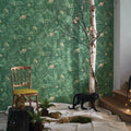 Wallpaper installed in a room showing its full pattern, color