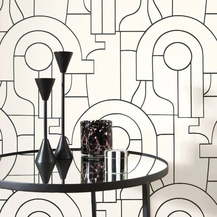 Closeup of a wallpaper showing its Art-Deco, Contemporary, Monochrome, Neutrals, Two-tone pattern, color, and subtle texture.