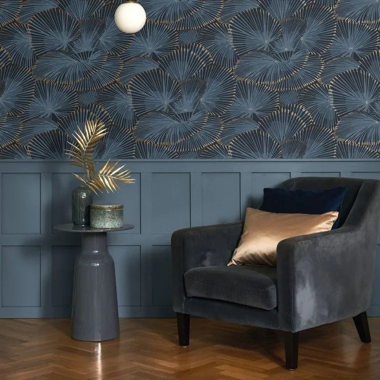 Wallpaper installed in a room showing its full pattern, color