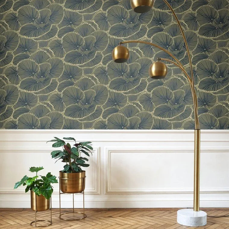 Wallpaper installed in a room showing its full pattern, color