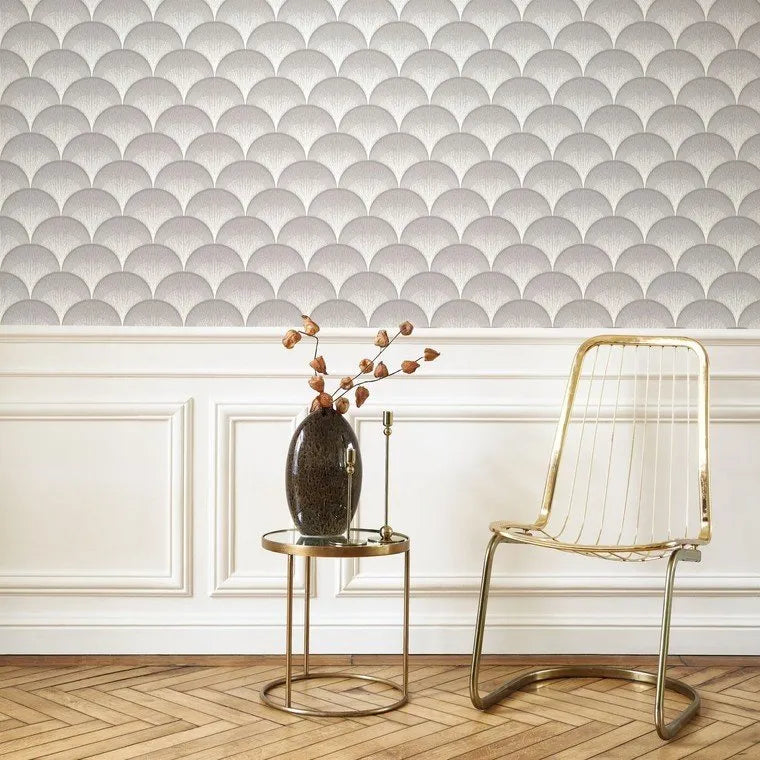 Closeup of a wallpaper showing its Art-Deco, Contemporary, Monochrome, Neutrals, Two-tone pattern, color, and subtle texture.