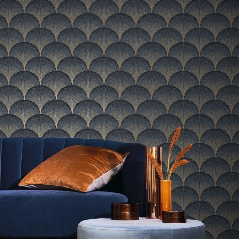 Closeup of a wallpaper showing its Art-Deco, Contemporary, Dramatic, Two-tone pattern, color, and subtle texture.