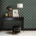 Wallpaper installed in a room showing its full pattern, color