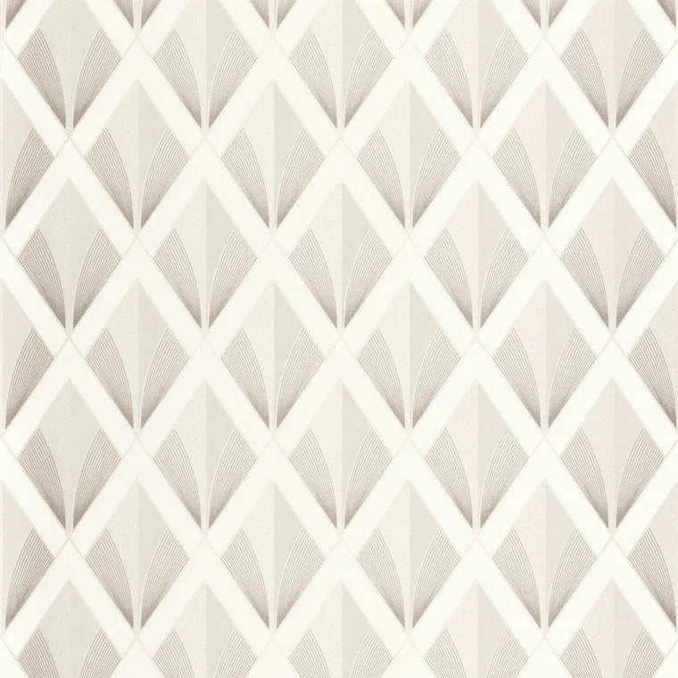 Closeup of a wallpaper showing its Art-Deco, Contemporary, Geometric, Neutrals, Two-tone pattern, color, and subtle texture.