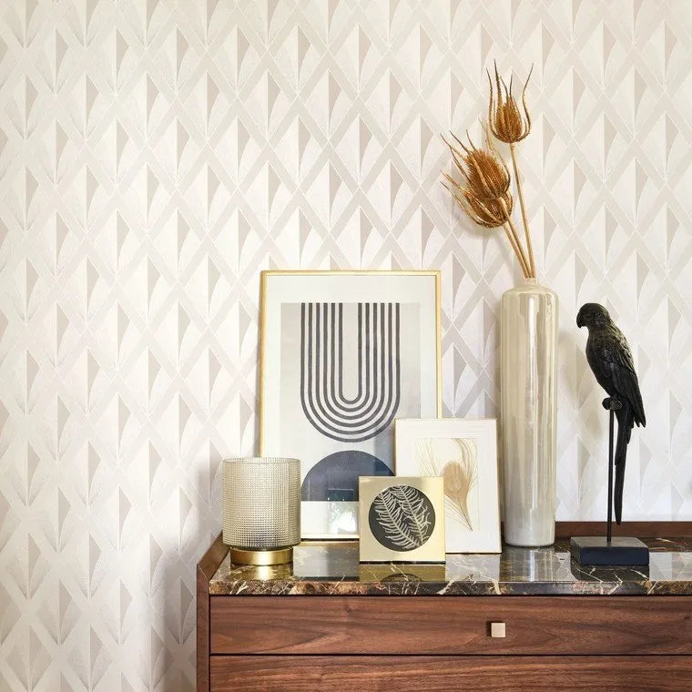 Closeup of a wallpaper showing its Art-Deco, Contemporary, Geometric, Neutrals, Two-tone pattern, color, and subtle texture.