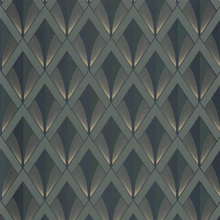 Closeup of a wallpaper showing its Art-Deco, Contemporary, Dramatic, Geometric, Two-tone pattern, color, and subtle texture.