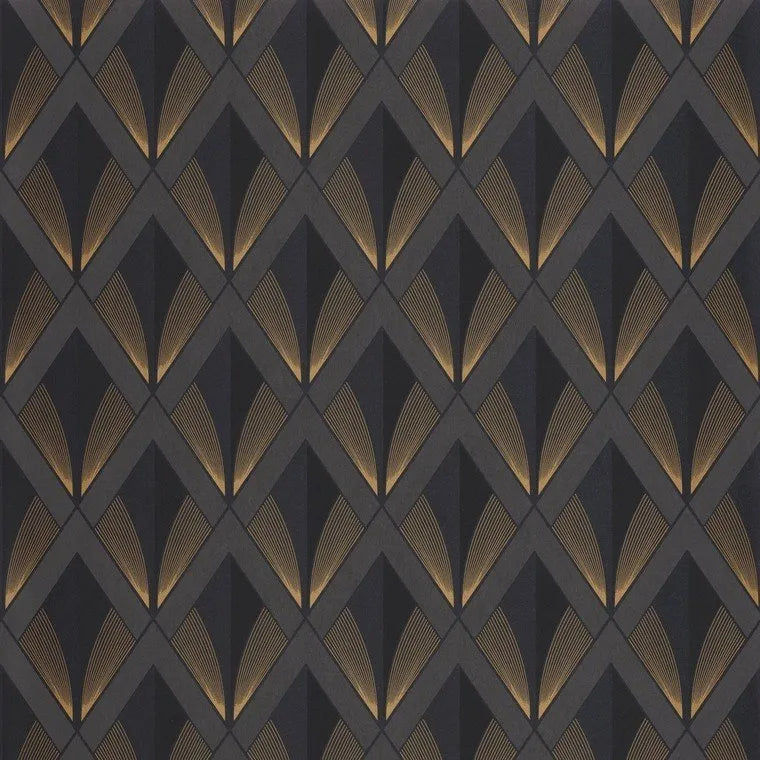 Closeup of a wallpaper showing its Art-Deco, Contemporary, Dramatic, Geometric, Two-tone pattern, color, and subtle texture.