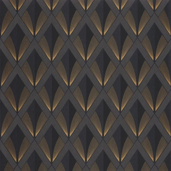 Closeup of a wallpaper showing its Art-Deco, Contemporary, Dramatic, Geometric, Two-tone pattern, color, and subtle texture.