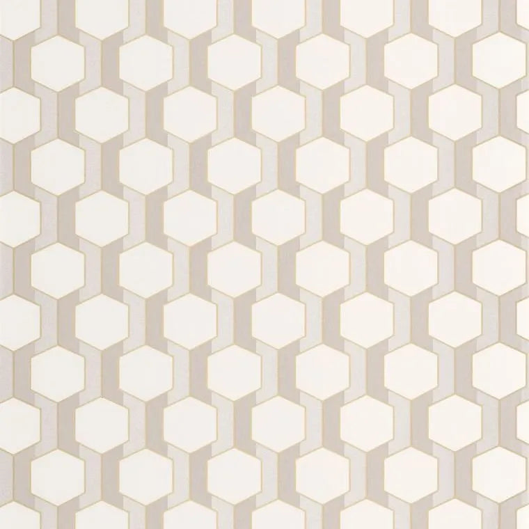 Closeup of a wallpaper showing its Art-Deco, Contemporary, Geometric, Neutrals, Two-tone pattern, color, and subtle texture.