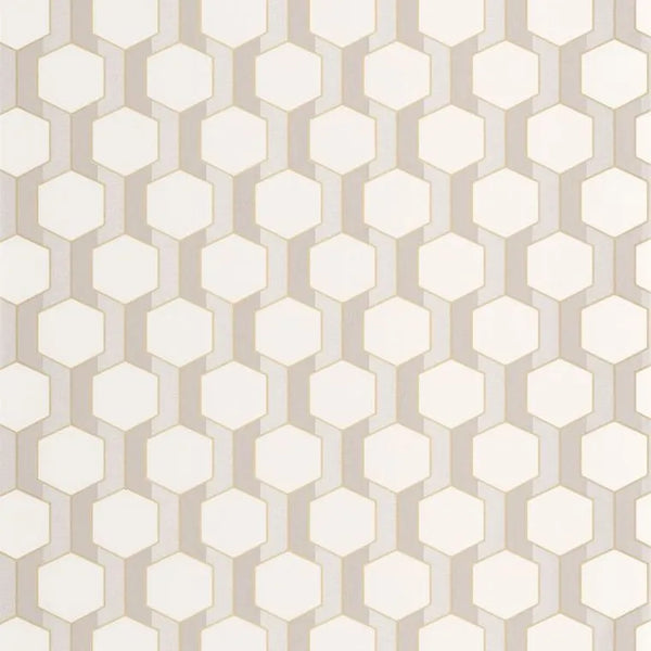 Closeup of a wallpaper showing its Art-Deco, Contemporary, Geometric, Neutrals, Two-tone pattern, color, and subtle texture.