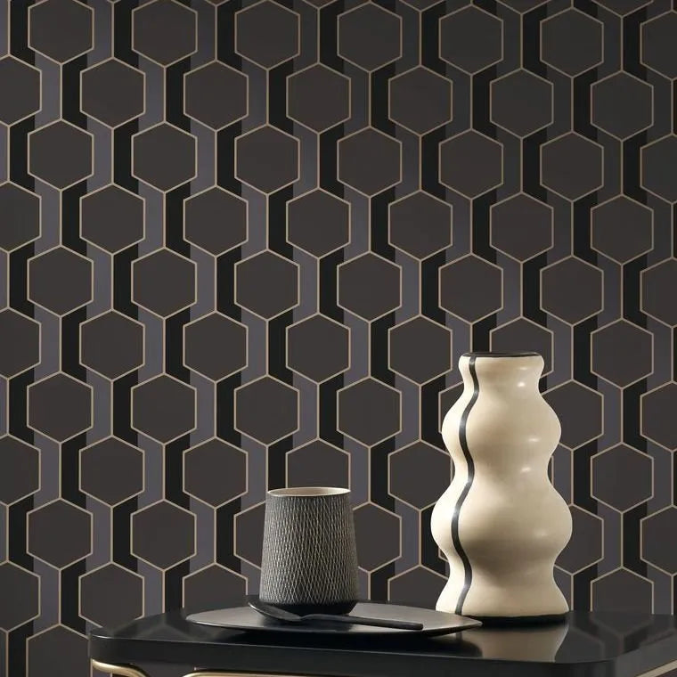 Closeup of a wallpaper showing its Art-Deco, Contemporary, Dramatic, Geometric, Two-tone pattern, color, and subtle texture.