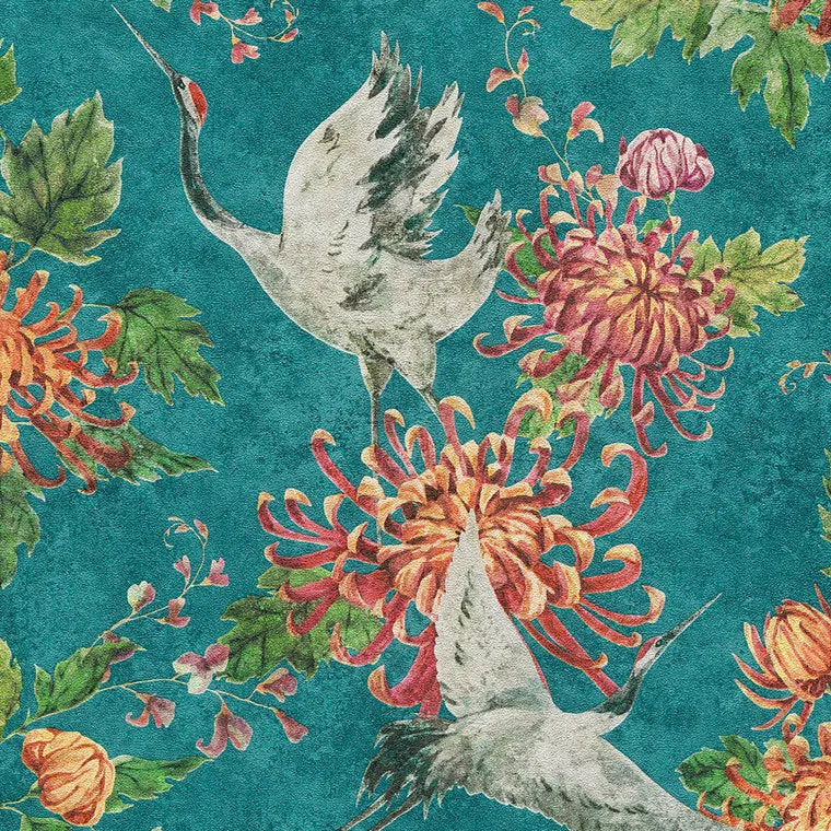 Closeup of a wallpaper showing its Birds, Floral, Green, Multicolour, Nature pattern, color, and texture.