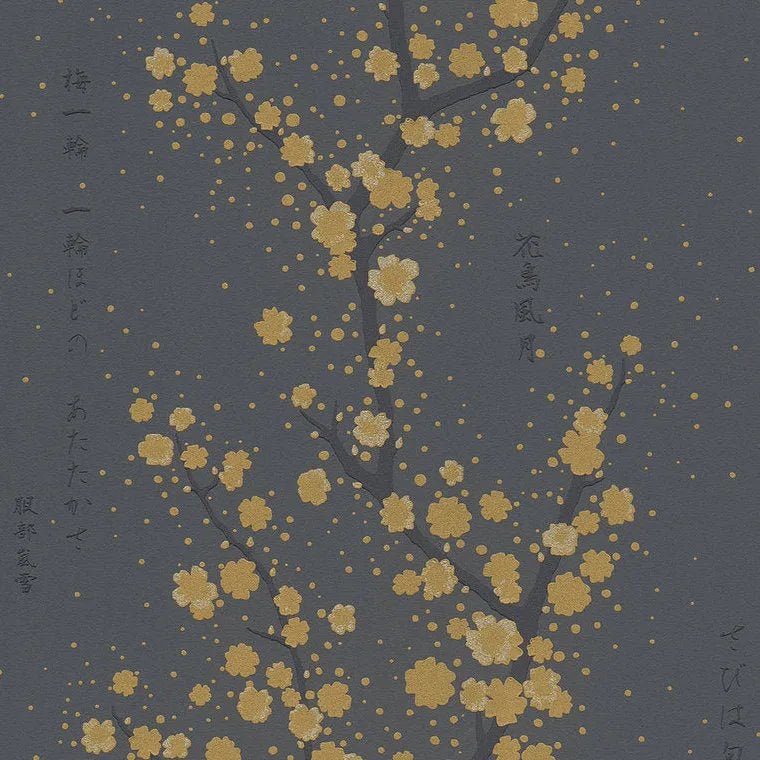 Closeup of a wallpaper showing its Black, Floral, Gold, Nature, Two-tone pattern, color, and texture.