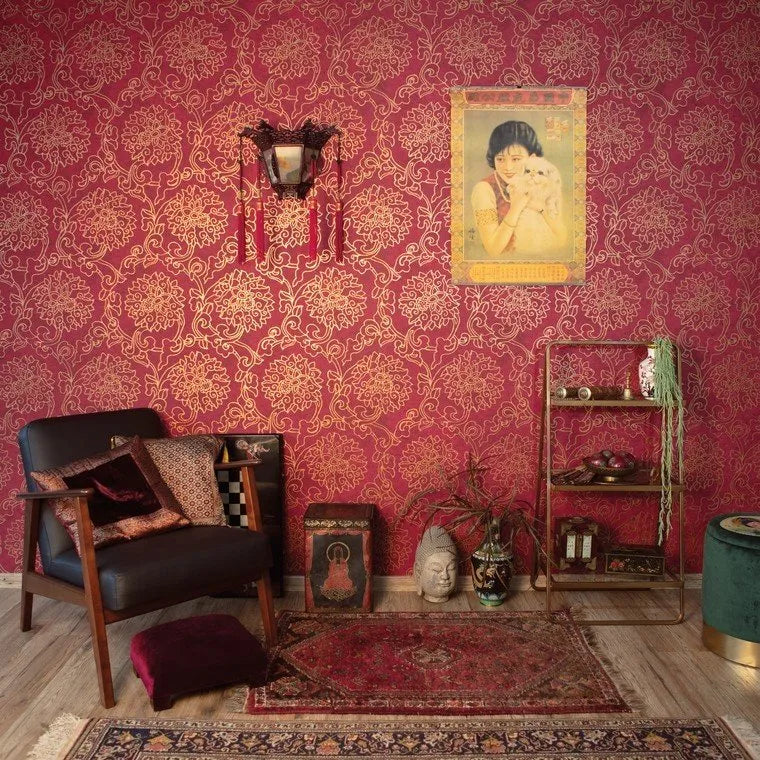 Closeup of a wallpaper showing its Damask, Floral, Gold, Red, Two-tone pattern, color, and texture.