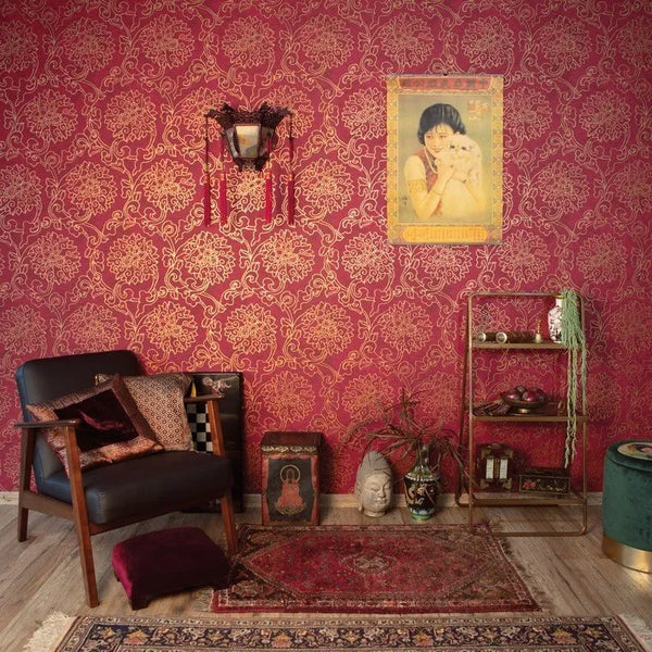 Wallpaper installed in a room showing its full pattern, color
