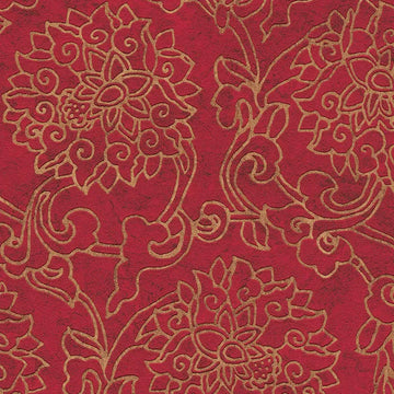 Closeup of a wallpaper showing its Damask, Floral, Gold, Red, Two-tone pattern, color, and texture.