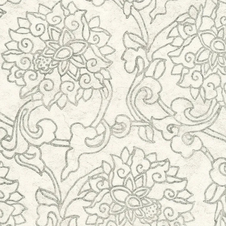 Closeup of a wallpaper showing its Damask, Floral, Monochrome, Two-tone, White pattern, color, and subtle texture.