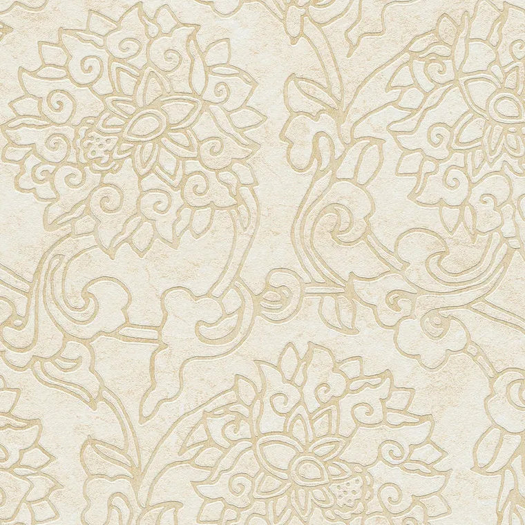 Closeup of a wallpaper showing its Cream, Damask, Floral, Neutrals, Two-tone pattern, color, and subtle texture.