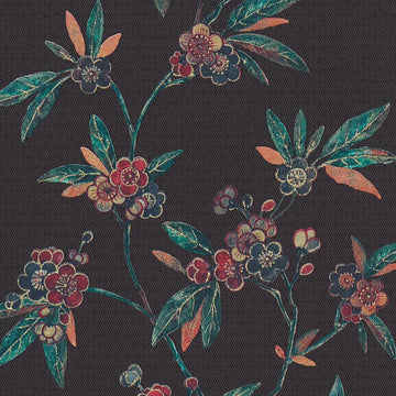 Closeup of a wallpaper showing its Black, Floral, Multicolour pattern, color, and texture.