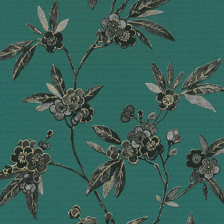 Closeup of a wallpaper showing its Floral, Green, Nature pattern, color, and subtle texture.