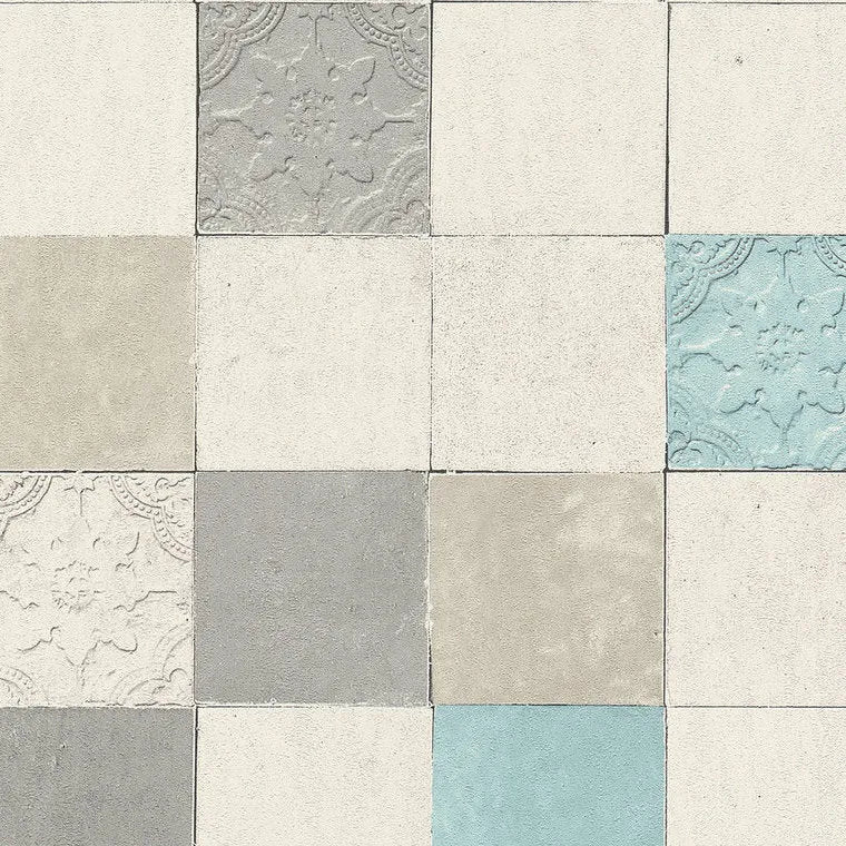 Closeup of a wallpaper showing its Contemporary, Cream, Geometric, Multicolour, Neutrals, Tiles pattern, color, and texture.