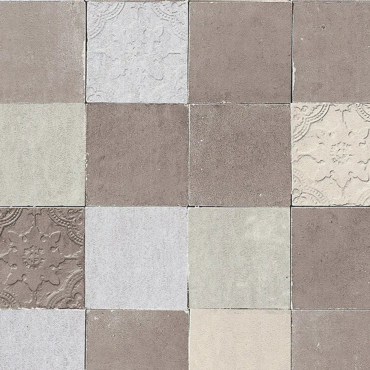 Closeup of a wallpaper showing its Brown, Contemporary, Geometric, Neutrals, Tiles pattern, color, and texture.