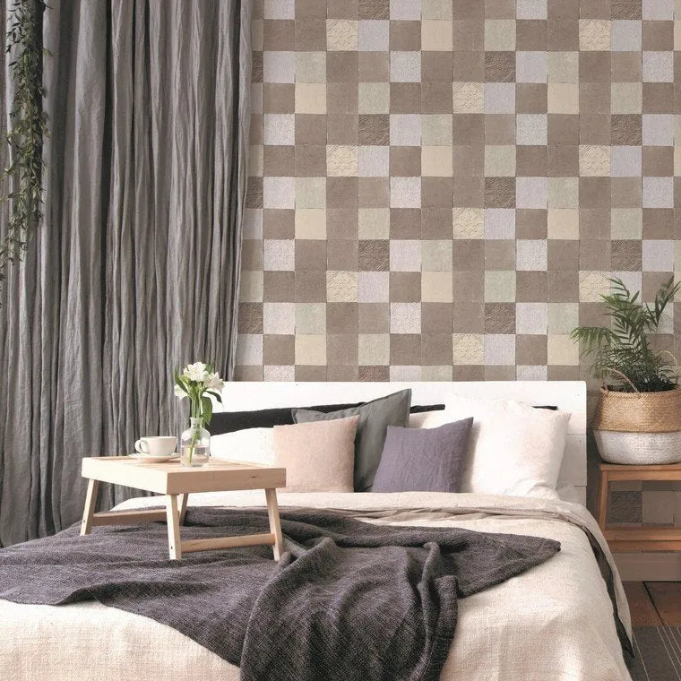 Closeup of a wallpaper showing its Brown, Contemporary, Geometric, Neutrals, Tiles pattern, color, and texture.