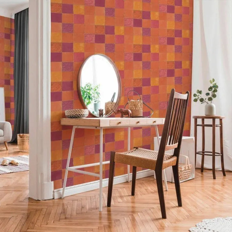 Closeup of a wallpaper showing its Contemporary, Geometric, Kids, Multicolour, Orange, Pink, Purple pattern, color, and texture.