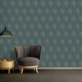 Wallpaper installed in a room showing its full pattern, color