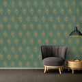 Wallpaper installed in a room showing its full pattern, color