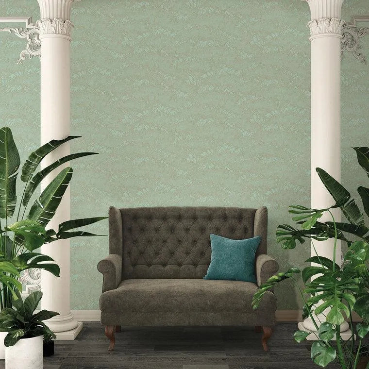 Wallpaper installed in a room showing its full pattern, color