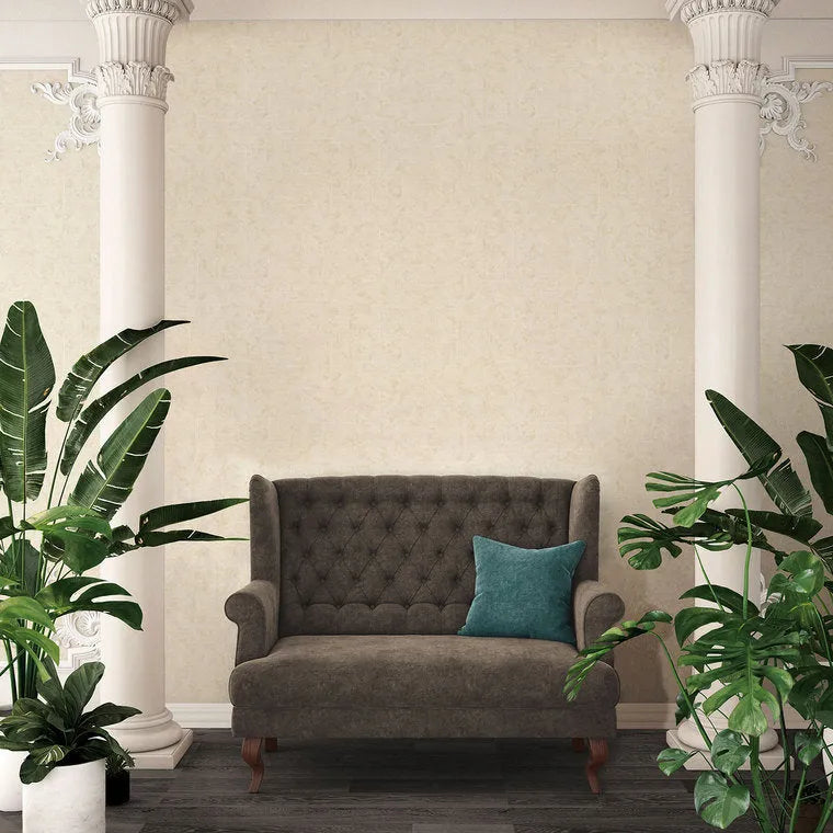 Wallpaper installed in a room showing its full pattern, color