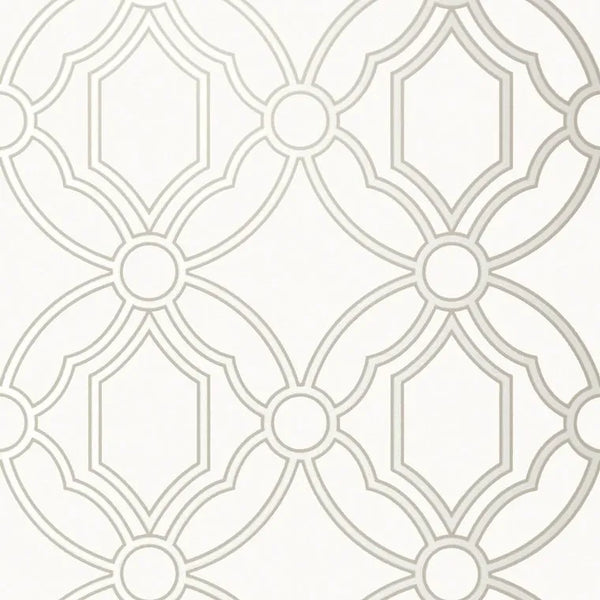 Closeup of a wallpaper showing its Geometric, Neutrals, Trellis, Two-tone pattern, color, and subtle texture.