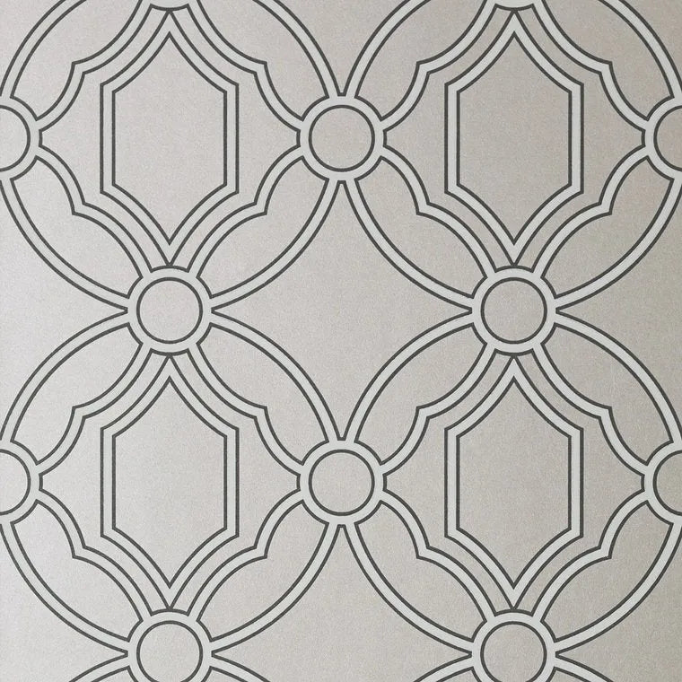 Closeup of a wallpaper showing its Geometric, Trellis, Two-tone pattern, color, and subtle texture.