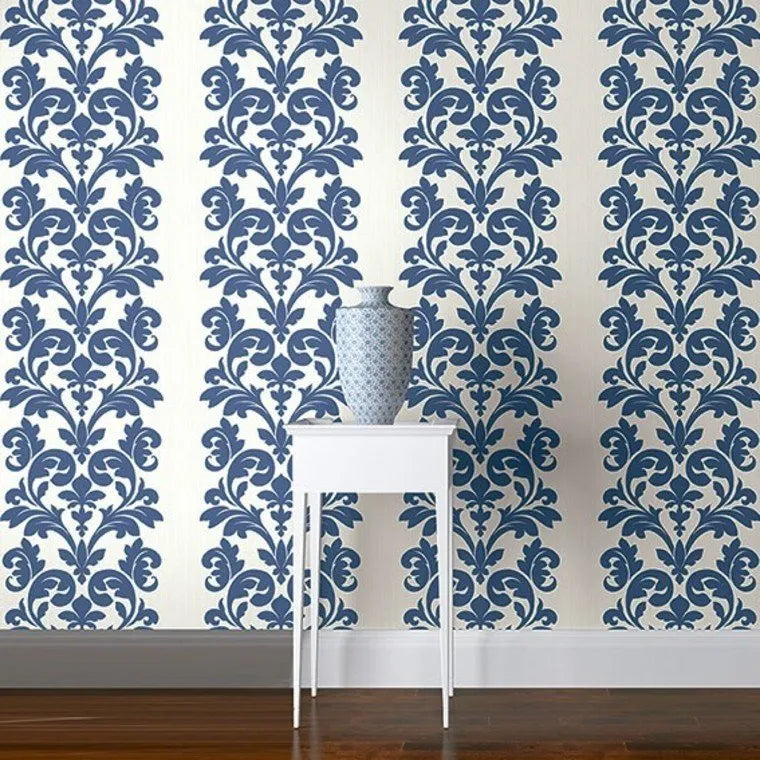 Closeup of a wallpaper showing its Blue, Damask, Two-tone pattern, color, and subtle texture.