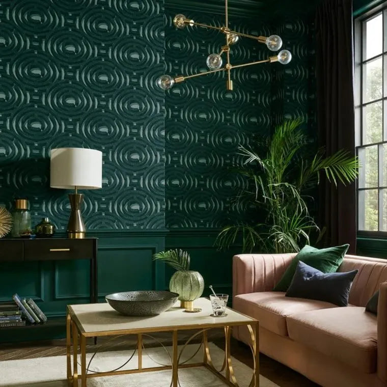 Wallpaper installed in a room showing its full pattern, color